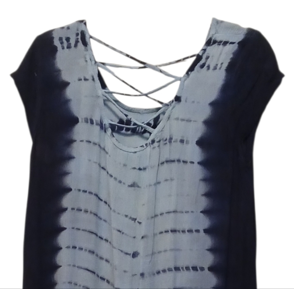 Blue Island - NWOT Hi/Lo Tie-Dye Beach Dress W/Crochet Fringe, Criss Cross Back - Picture 7 of 8